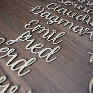 Lettering as a place card for names made of natural wood Font type Uc 3 cm wooden card