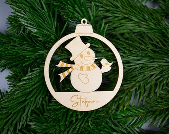 Personalized Christmas Bauble, Wooden Christmas Tree Decor - Snowman - Gift Tag 8cm / 5cm