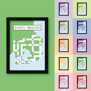 Conjunto de pósteres imprimibles del mapa de Kanto, paquete, regalo, arte de Pokémon, Pueblo Paleta, lavanda, Pokémon amarillo, rojo, azul, decoración, Pokémon, arte de pared