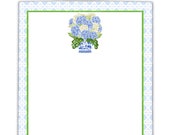 Personalized Note Pad Custom Notepad Personalized Gift Blue Hydrangeas in Blue and White Chinoiserie Planter Light Blue Wicker Border