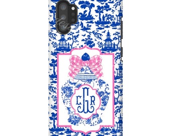 iPhone LGG Samsung Galaxy Chinoiserie Chic Style Google Pixel Watercolor Pagoda Monogrammed Glossy Tough Phone Case