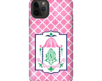 iPhone LGG Samsung Galaxy Chinoiserie Chic Style Google Pixel Watercolor Pagoda Monogrammed Glossy Tough Phone Case