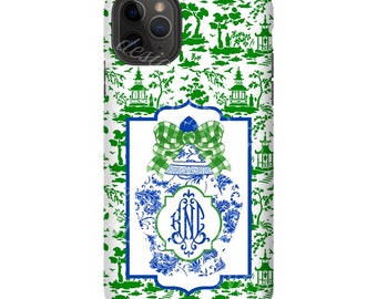iPhone LGG Samsung Galaxy Chinoiserie Chic Style Google Pixel Watercolor Pagoda Monogrammed Glossy Tough Phone Case