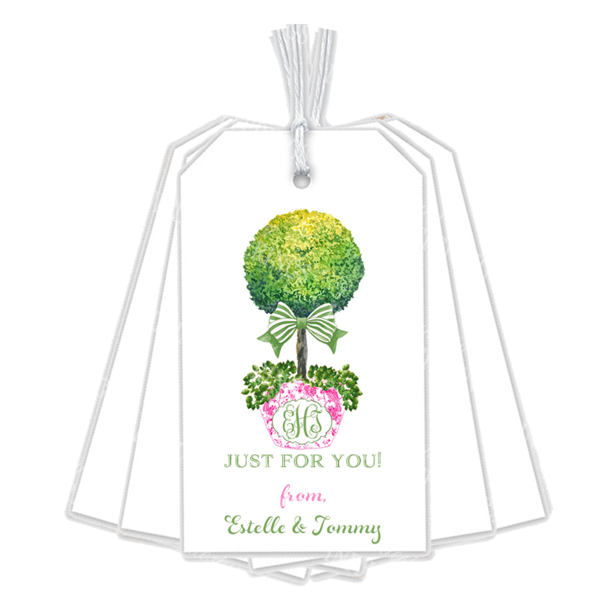 Personalized Gift Tag | Custom Gift Tag | Personalized Tags | Topiary in Pink and White Chinoiserie Planter with Green Bow