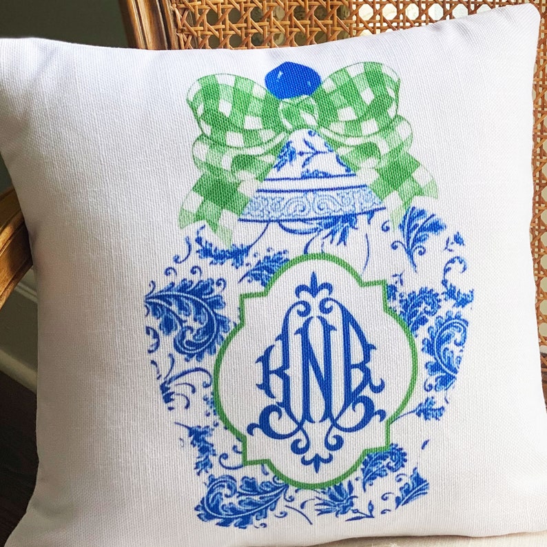 Blue and White Monogram Ginger Jar with Green Gingham Bow Linen Throw Pillow Chinoiserie Decor Pillow Ginger Jar Pillow Custom Pillow