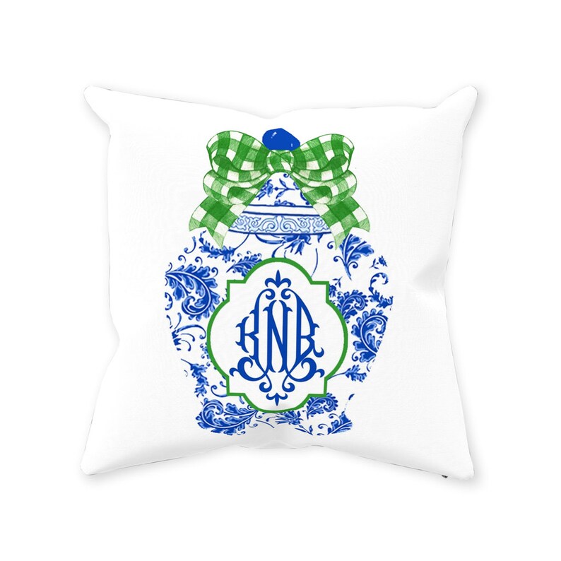 Blue and White Monogram Ginger Jar with Green Gingham Bow Linen Throw Pillow Chinoiserie Decor Pillow Ginger Jar Pillow Custom Pillow