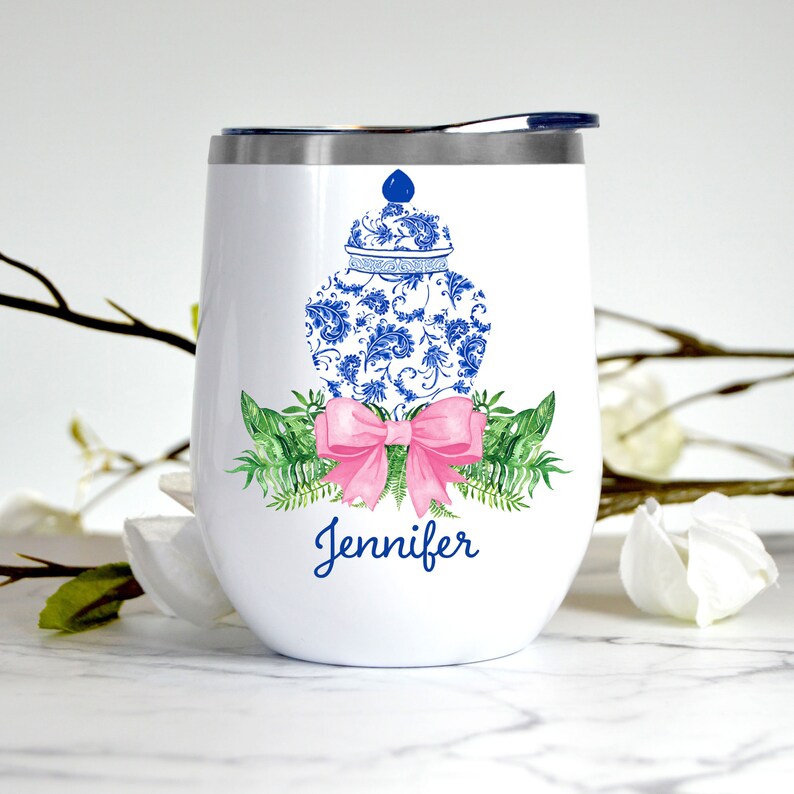 Outdoor Entertaining Bridal Wedding Gift Ginger Jar Swag with Pink Personalized Stemless Wine Tumbler Custom Insulated Wine Tumbler
