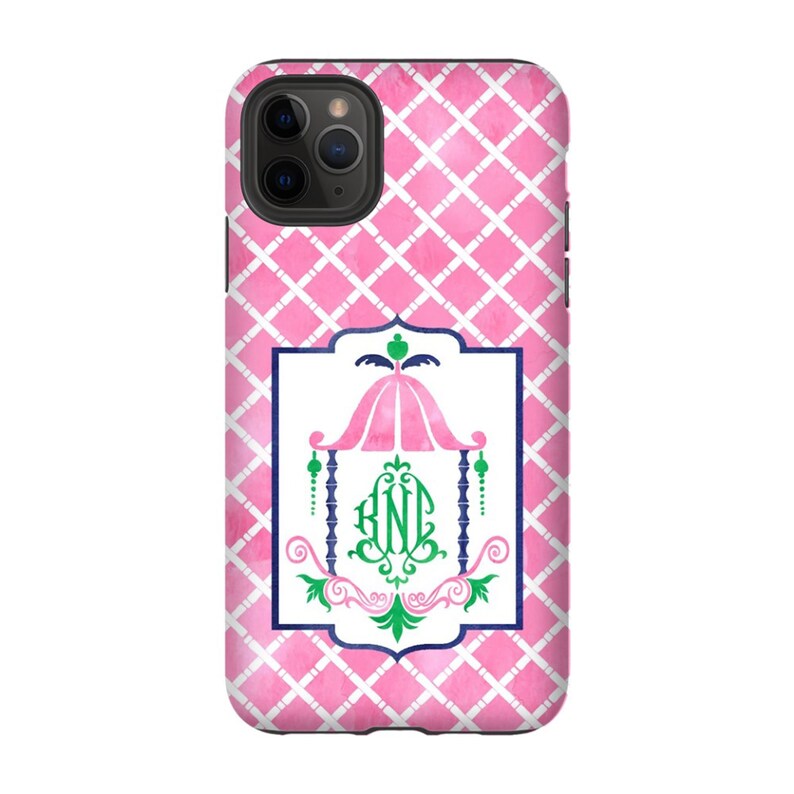 iPhone LGG Samsung Galaxy Chinoiserie Chic Style Google Pixel Watercolor Pagoda Monogrammed Glossy Tough Phone Case