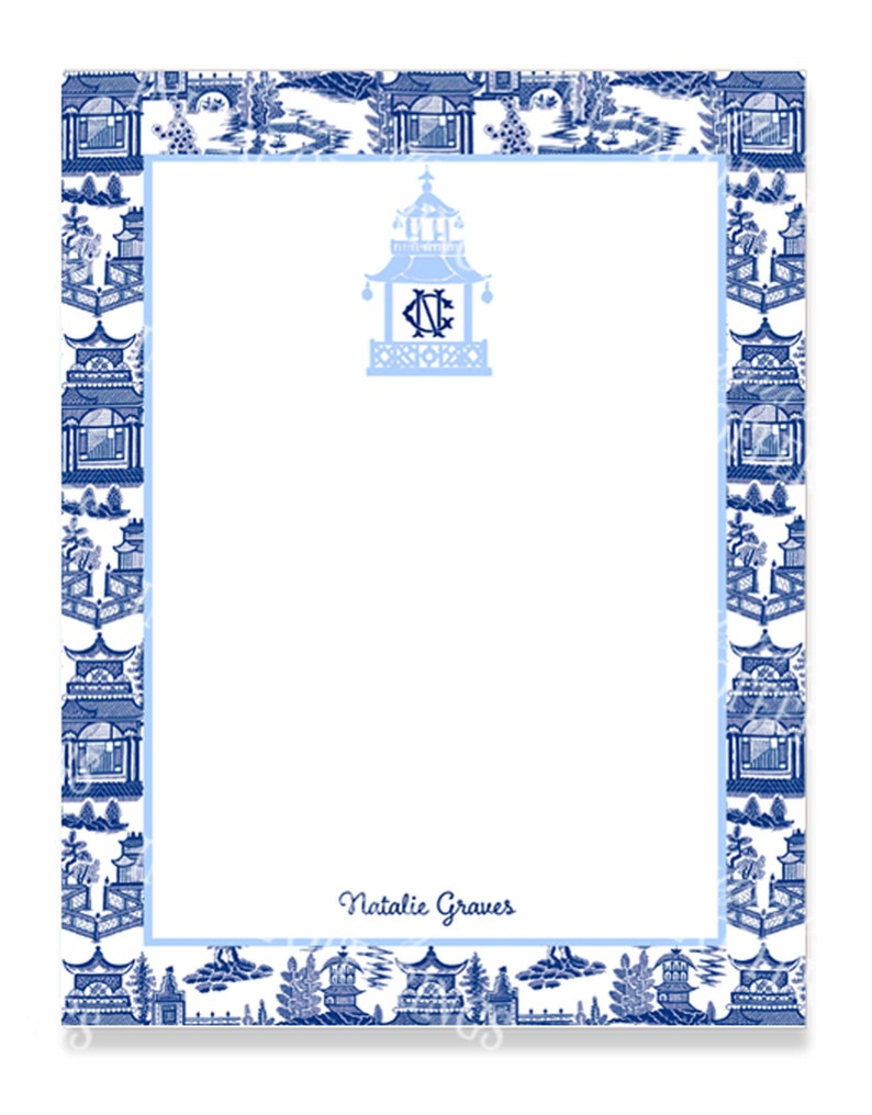 Cornflower Pagoda with Chinoiserie Toile in Navy Border Notepad | Monogram Gift | Large Notepad | Custom Gift for Her | Chinoiserie Style 