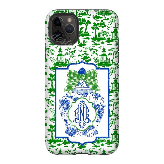 iPhone LGG Samsung Galaxy Chinoiserie Chic Style Google Pixel Watercolor Pagoda Monogrammed Glossy Tough Phone Case