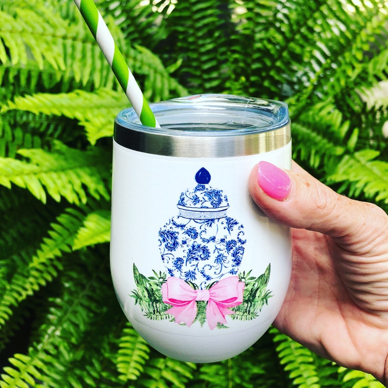 Outdoor Entertaining Bridal Wedding Gift Ginger Jar Swag with Pink Personalized Stemless Wine Tumbler Custom Insulated Wine Tumbler