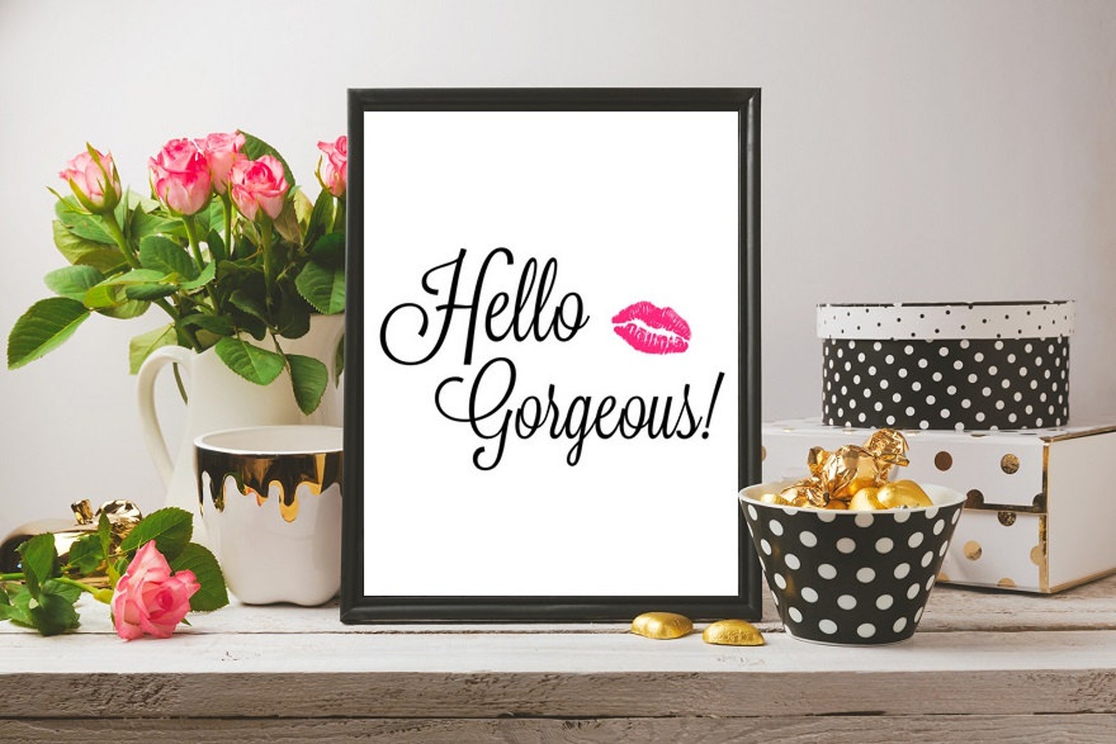 Hello Pink Lips Printable Wall Art Calligraphy Wall Etsy
