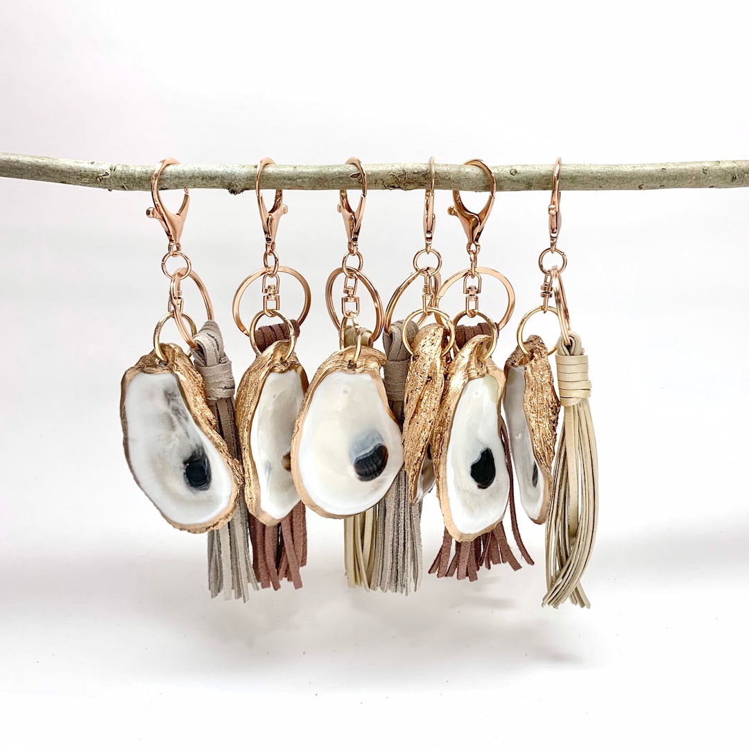 Oyster Shell and Genuine Leather Tassel Bag Charm, Keychain