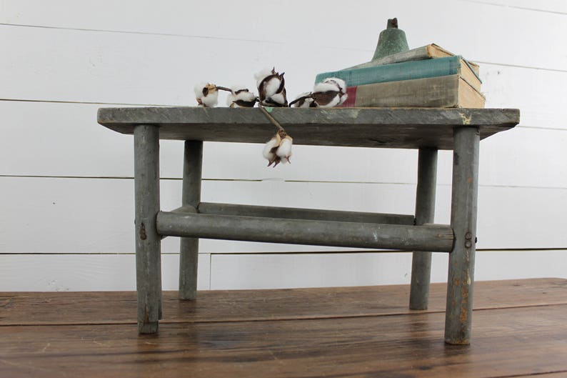 Primitive Farmhouse Stool Vintage Wood Grey Image 0