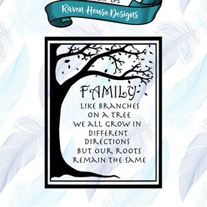May include: Black and white silhouette of a tree with the text "FAMILY: LIKE BRANCHES ON A TREE WE ALL GROW IN DIFFERENT DIRECTIONS BUT OUR ROOTS REMAIN THE SAME" in a white frame.
