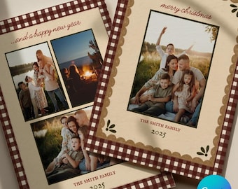 Vintage Gingham Christmas Card Canva Template, Cottagecore, Heirloomcore, Digital Download