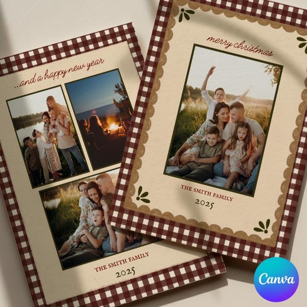 Vintage Gingham Christmas Card Canva Template, Cottagecore, Heirloomcore, Digital Download