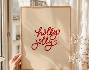 Whimsical Holly Jolly Christmas Art Print, Handlettered Holiday Decor (Digital Download)