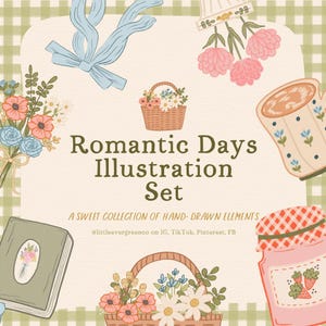 Conjunto de ilustraciones de días románticos, imágenes prediseñadas de Cottagecore, imágenes png de Cottagecore, dibujadas a mano, pegatinas digitales, imágenes png estéticas, descarga digital