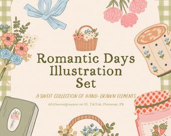 Romantic Days Illustration Set, Cottagecore clipart, Cottagecore png, Hand drawn, Digital stickers, Aesthetic png, Digital download