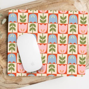 Whimsical Folk Floral Tile Mouse Pad | Tulip Pattern Desk Mat