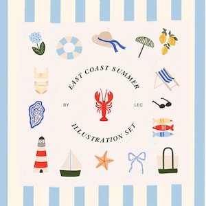 Zomerillustratieset oostkust, kustkleindochter, Nancy Meyers, strandvibes, preppy oostkustsfeer, digitale download