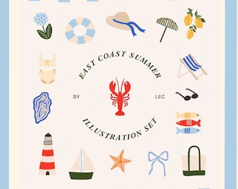 East Coast Summer Illustration Set, Coastal Granddaughter, Nancy Meyers, Beach Vibes, Preppy East Coast Vibes, Digital Download