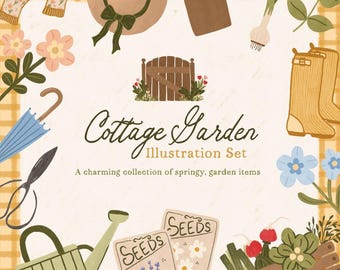 Cottage Garden Illustration Set, Cottagecore clipart, digital download, Spring clipart, Summer clipart, Hand drawn, Aesthetic png