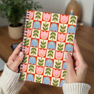 Retro Floral Tile Pattern Spiral Notebook | Pink Tulip Grid Journal