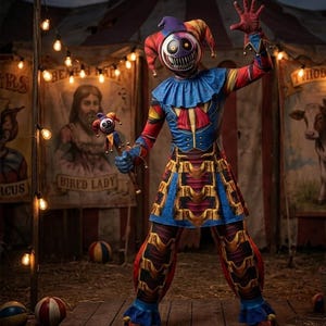 May include: A jester costume featuring a round mask with a wide, toothy grin and glowing yellow eyes. The outfit includes a multi-colored hat, a blue ruffled collar, and a patterned tunic and pants in shades of red, blue, and gold. A matching jester scepter is held in one hand.
