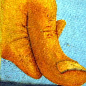 Monday, 2" x 3" Acrylic painting on canvas board, Weller, 2000s. Fair condition, Odd, Strange, Business, Corporate, Cartoon, Comic