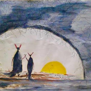 A Time Shall Happen...with Friends Forever, Arte Naif, Acquerello senza cornice, 28 x 35 cm, anni '90. Bizzarro messaggio di amicizia.