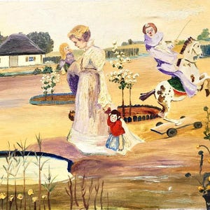 May include: An oil painting depicts a serene outdoor scene with figures and a toy horse. A woman in a long dress stands near a child in a red coat. Another figure rides a toy horse. A house and trees are in the background.