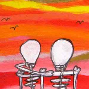Disfrutando de la vista juntos, micropintura acrílica de arte naif sobre cartón, 5 x 7,5 cm, sin firmar, EE. UU., década de 2010. Amor apocalíptico.