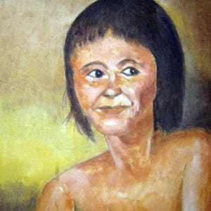 May include: A watercolor painting of a woman with dark hair, wearing a green strapless top. The woman is looking to the right of the image and has a warm, friendly expression.