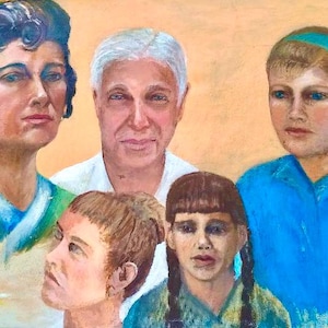 Família ingênua por Karlin década de 1970, 24&quot; x 30&quot; pintura a óleo emoldurada, arte popular
