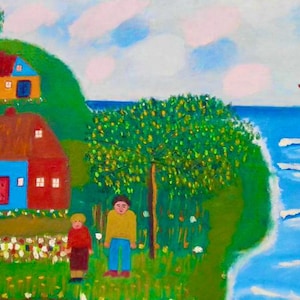 Arte Popular Naif: Casa à Beira-Mar, 50,8 cm x 60,9 cm, Pintura a Óleo Naif de Arte Popular, Sem Assinatura, década de 1990. Representação simples de uma casa de família à beira-mar.