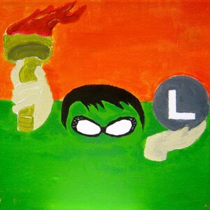 May include: An abstract painting with a green figure wearing white-rimmed glasses and black hair. A hand holds a torch with red flames, and another hand holds a gray circle with a white "L" against an orange background.
