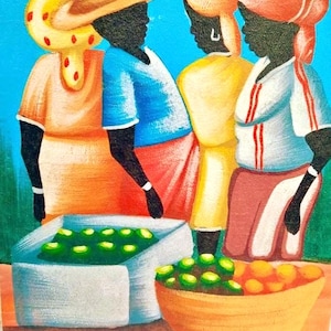 Vintage 8&quot;x11&quot; Haitian Folk Art Oil Painting on Stretched Canvas by Richardson 2000s Haiti