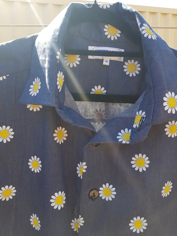 Mens Denim Shirt: Daisy Print Cotton Short Sleeve, Made in Australia
