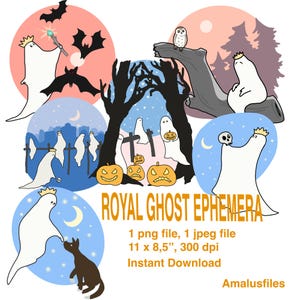 Zes tijdelijke spookverschijnselen, schattige Halloween-illustraties, spookachtige decoraties voor tijdschriften, kaarten, collages, plakboeken, enz. Twee digitale bestanden.