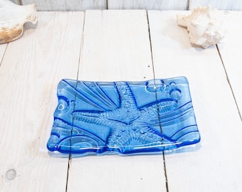 Sea life decorative fused glass blue dish, embossed jewellery dish, nibbles dish, ring dish, key tray, bedroom decor, bathroom accessory