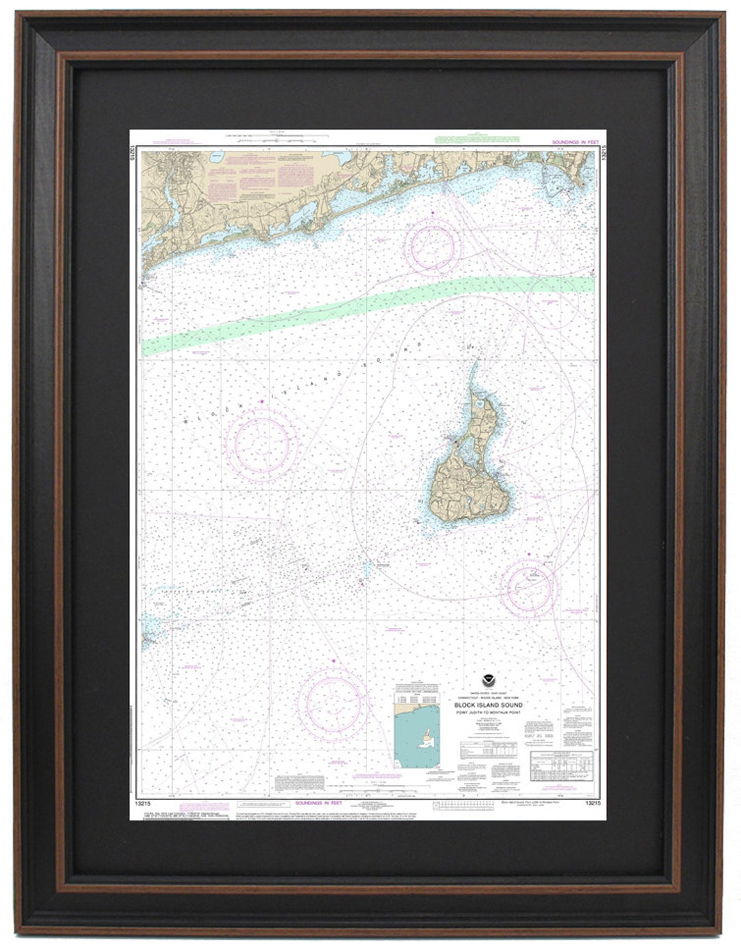 Framed Nautical Chart Block Island Sound, Point Judith to Montauk Point