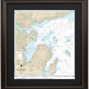 May include: A nautical chart of Salem, Marblehead, and Beverly Harbors in Massachusetts. The chart shows the coastline, islands, and waterways of the area. Soundings are in feet.