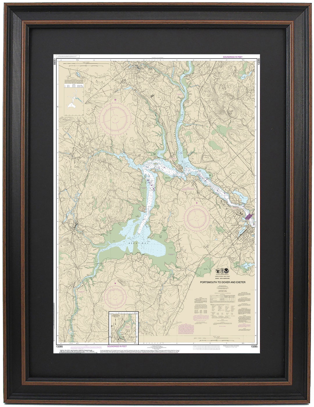 Framed Nautical Chart 13285 - Portsmouth to Dover and Exeter. NOAA ...