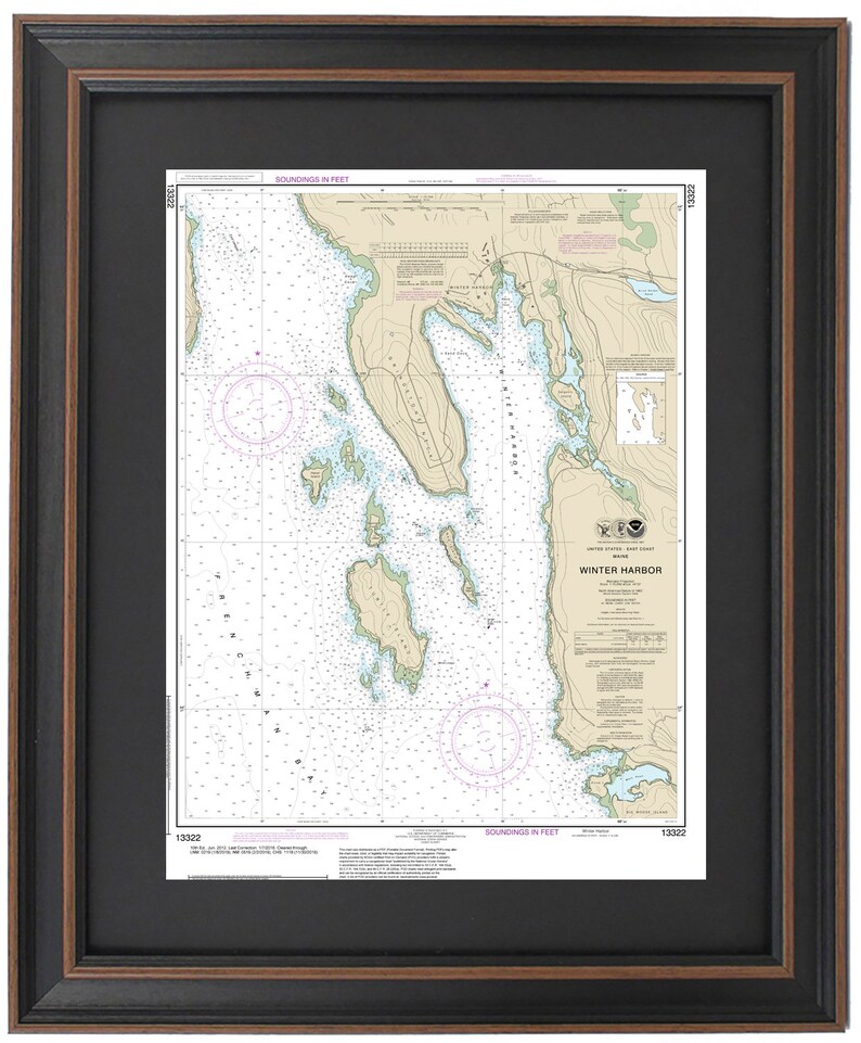Framed Nautical Map 13322 Winter Harbor Maine Etsy