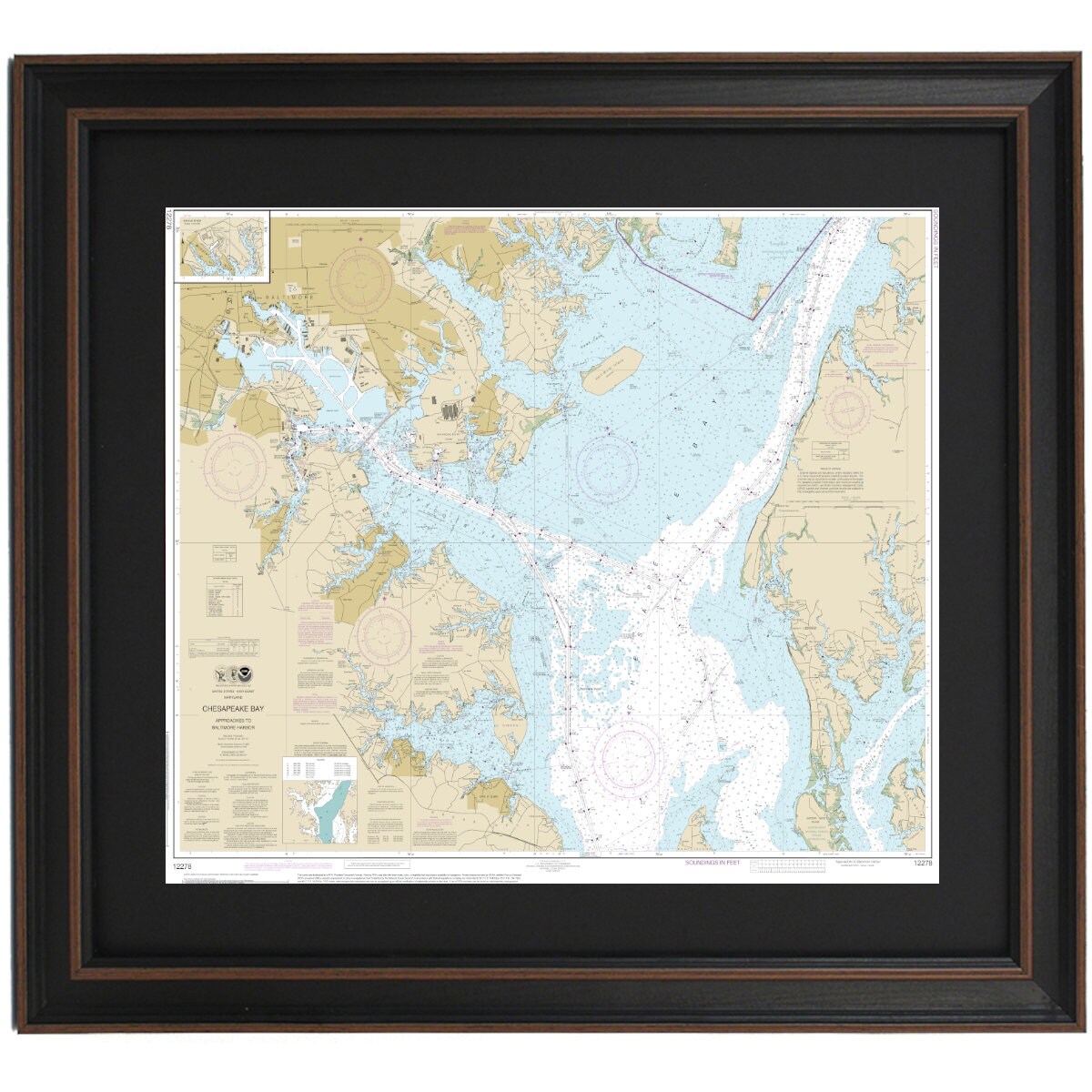 Framed Nautical Chart: Chesapeake Bay Approaches to Baltimore Harbor 