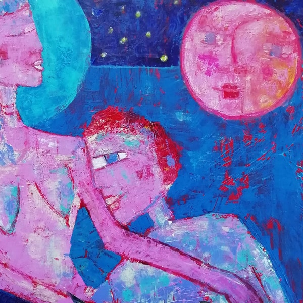 Peinture figurative-Couple d'amoureux-Saint Valentin-Tableau peint à l'acrylique-Décoration murale-Art Singulier-Art brut 61/50cm