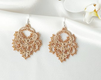 Hippie jewelry, Beaded large lace earrings, Tatting beige earrings