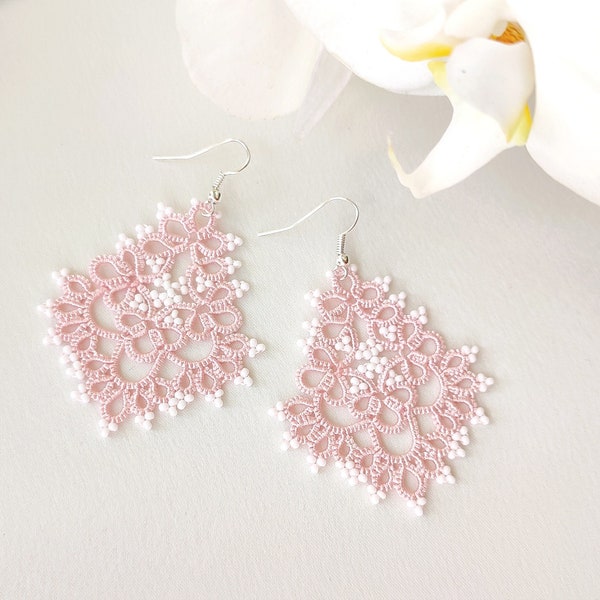 Top quality! Barbie style pink beaded lace earrings, Tatting large chandelier lace earrings.